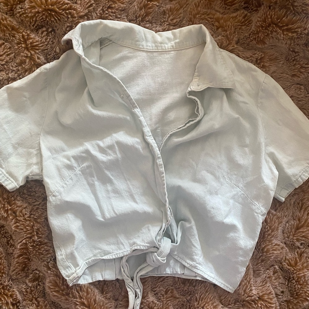 American Apparel cropped denim short sleeve button down with tie